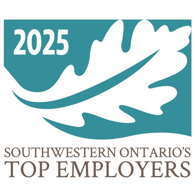 Southwestern Ontario's Top Employers 2025 award logo featuring a stylized teal leaf design.
