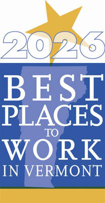 2026 Best Places to Work in Vermont award logo featuring a gold star above a blue silhouette of the state of Vermont.