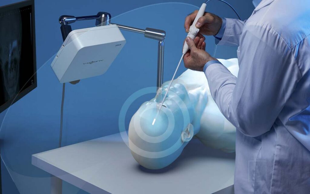 ENT procedure using EM field generator and probe.