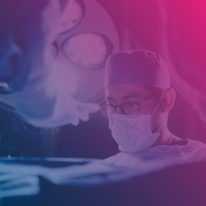 Square feature image of a clinician in a surgical cap, mask, and glasses concentrating during a procedure, overlaid with a blue-to-magenta gradient.