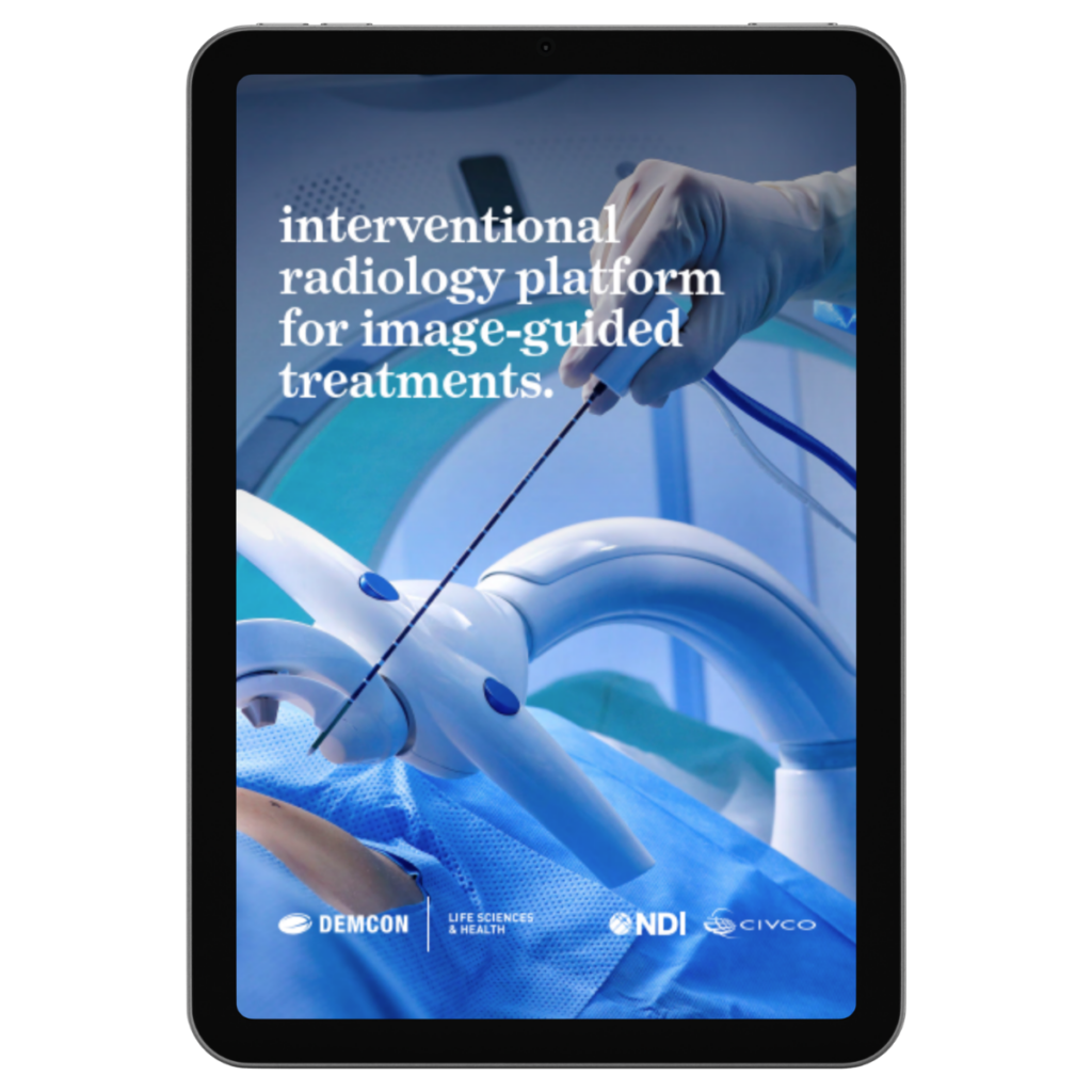 Tablet displaying the cover of the DEMCON, NDI, and CIVCO whitepaper titled 'Interventional radiology platform for image-guided treatments.'
