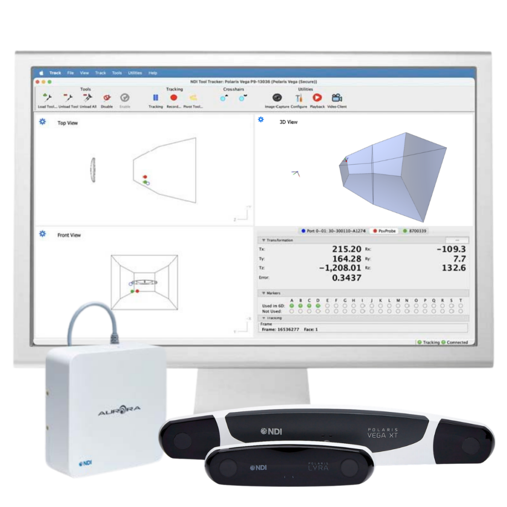 NDI Polaris Vega XT, Polaris Lyra, and Aurora tracking systems displayed in front of a monitor running NDI Tool Tracker software with 3D tracking data.