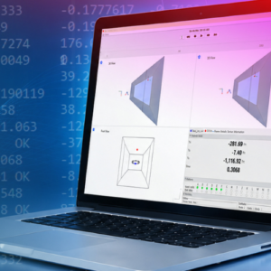 Laptop displaying 3D data visualizations and measurement results against a blue background with numerical data.