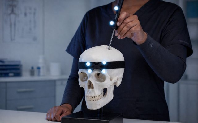 A skull model fitted with a tracker headband while a gloved hand holds a tracked instrument with active marker LEDs against the skull, demonstrating cranial navigation tracking.