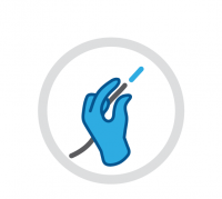Illustration of a hand holding a medical instrument with an embedded sensor.