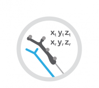 Illustration of a surgical tool with optical markers and associated coordinates.